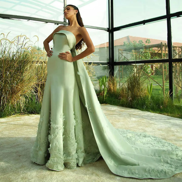 Luxury Dubai  Arabic Sage Green Satin A Line Luxury Crystal Appliques Evening Gown for Formal Occasion LA72724