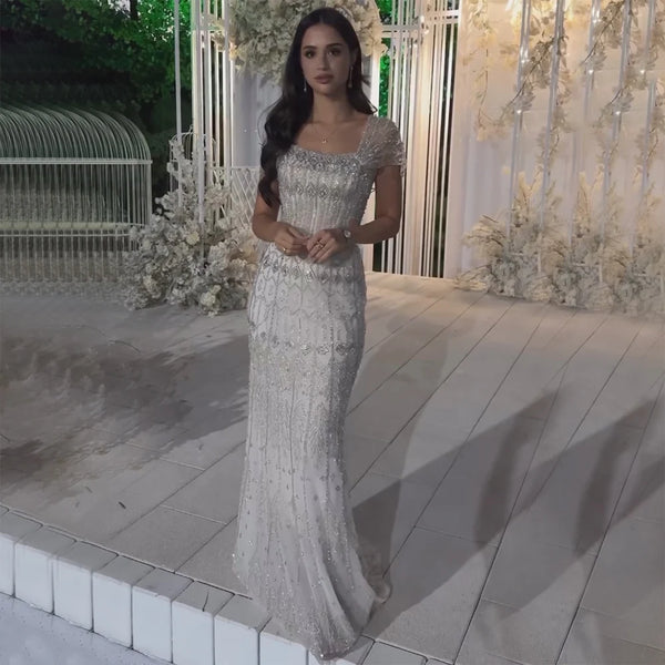 Luxury Dubai  Arabic White Mermaid Elegant Short Sleeves Beaded Long Evening Dresses Gowns for Formal Occasion LA72714