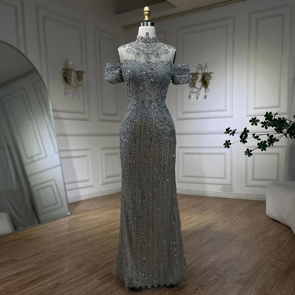 Serene Hill 2025 Arabic Silver Nude Mermaid Beaded Crystal Luxury Dubai Evening Dresses Gowns for Women Wedding Party LA72411