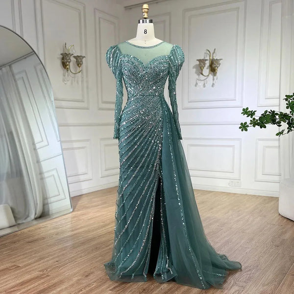 Serene Hill 2025 Arabic Turquoise Mermaid Split Beaded Luxury Dubai Long Evening Dresses Gowns for Women Wedding Party LA72448