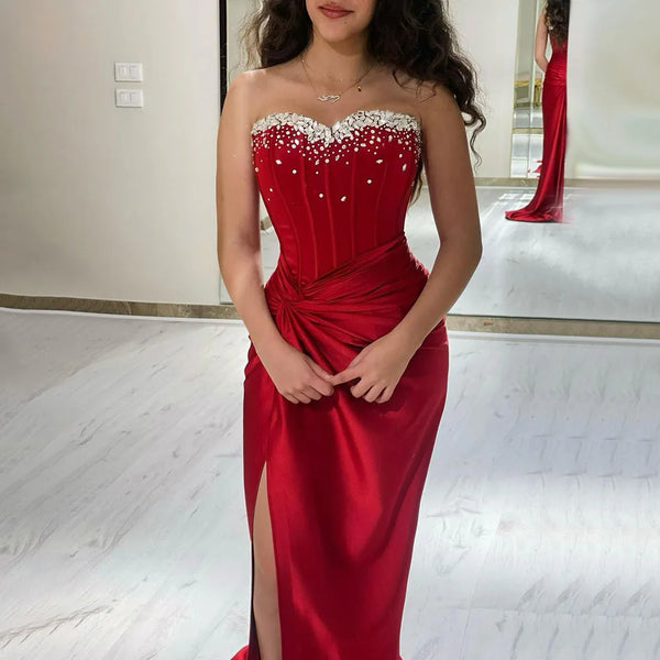 Serene Hill 2025 Arabic Wine Red Beaded Mermaid Luxury Dubai Evening Gown with Side Split for Women's Party LA72673