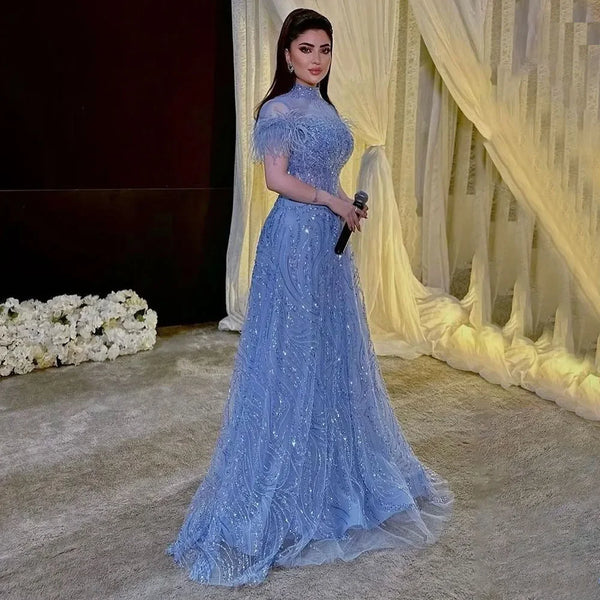 Serene Hill 2025 Arabic blue A Line Short Sleeveless Luxury Evening Dresses Beaded Feathers For Women Wedding Party LA72351