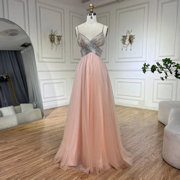Serene Hill 2025 Arabic peach Elegant Spaghetti Strap Beaded A-Line Prom Dress for Women | Wedding Party LA72629