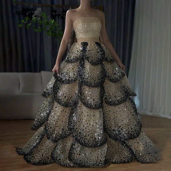 Luxury Dubai  Black Nude Luxury Saudi Evening Dresses with Sparkly Sequin Tiered Ruffles for Formal Gowns LA72505A