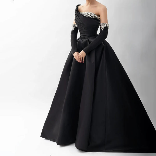 Luxury Black Satin One Shoulder Beaded A-Line Evening Dress LA72741