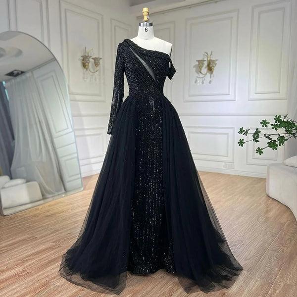 Serene Hill 2025 Black One-Shoulder With Overskirt Luxury Beaded  Formal Occasion Evening Dresses Gowns for Women Party LA72424A