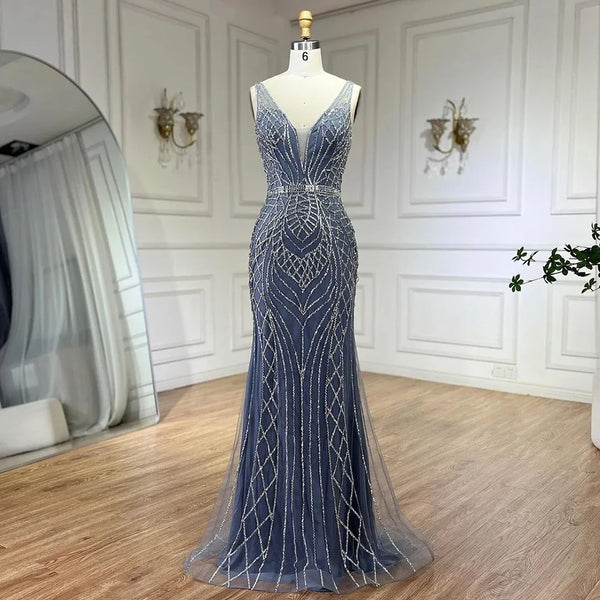Serene Hill 2025 Blue Mermaid Elegant Spaghetti Straps Beaded Luxury Evening Dresses Gowns for Woman Wedding Party LA72450