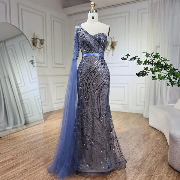 Serene Hill 2025 Blue Mermaid One Shoulder Elegant Cape Sleeve Beaded Evening Dresses Gowns For Women Wedding Party LA72294