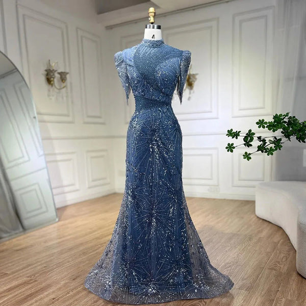 Serene Hill 2025 Blue Mermaid Pink Elegant Beaded Short Tassel Luxury Evening Dresses Gowns for Woman Wedding Party LA72417