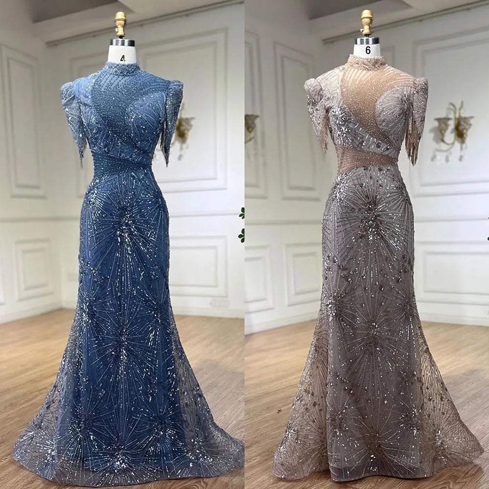 Muslim Blue Luxury Evening Dresses Gowns 2025 Mermaid Elegant Beaded For Women Party LA71374A
