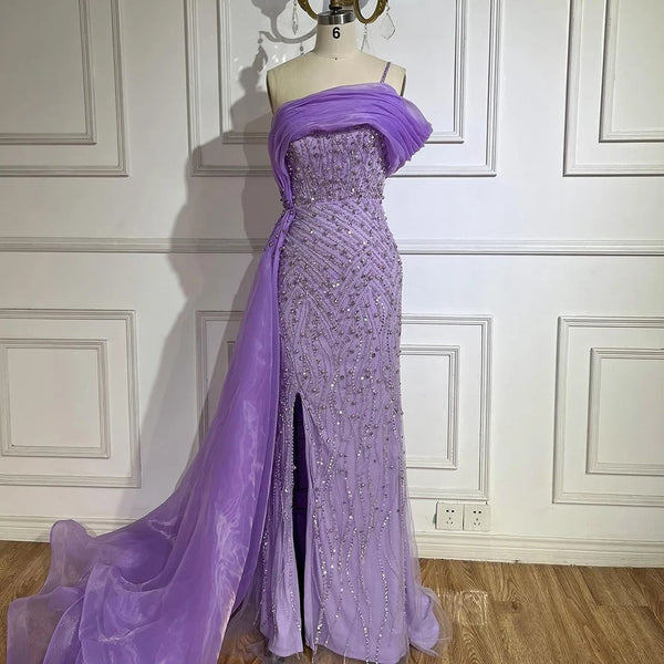 Luxury One Shoulder Blue Evening Dress with Overskirt LA72244A