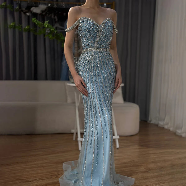 Luxury Dubai  Blue Prom Mermaid Gown Beaded Luxury Saudi Evening Dress for Formal Occasion LA72715A