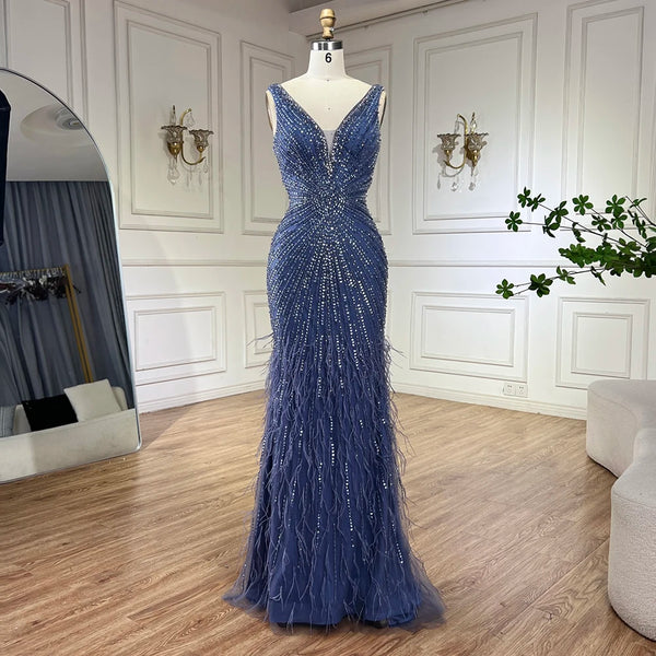 Serene Hill 2025 Blue Spaghetti Strap Luxury Dubai Evening Gowns with Feathers and Beading for Women Wedding Party LA72525