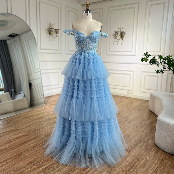 Serene Hill 2025 Blue Spaghetti Strap Tiered A-Line Lace Appliques Lace-Up Luxury Prom Dress for Women's Party LA72621