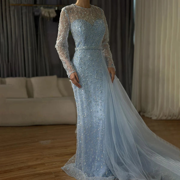 Luxury Dubai  Elegant Blue Saudi Arabic Evening Gown with Beaded Side Overskirt Dress for Formal Occasion LA72734