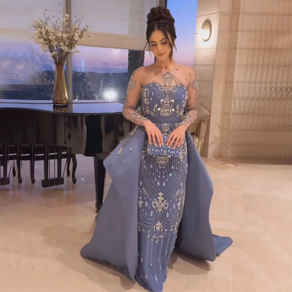 Luxury Dubai  Elegant Blue Saudi Arabic With Overskirt Evening Gown Crystal Beaded Dress for Formal Occasion LA72757