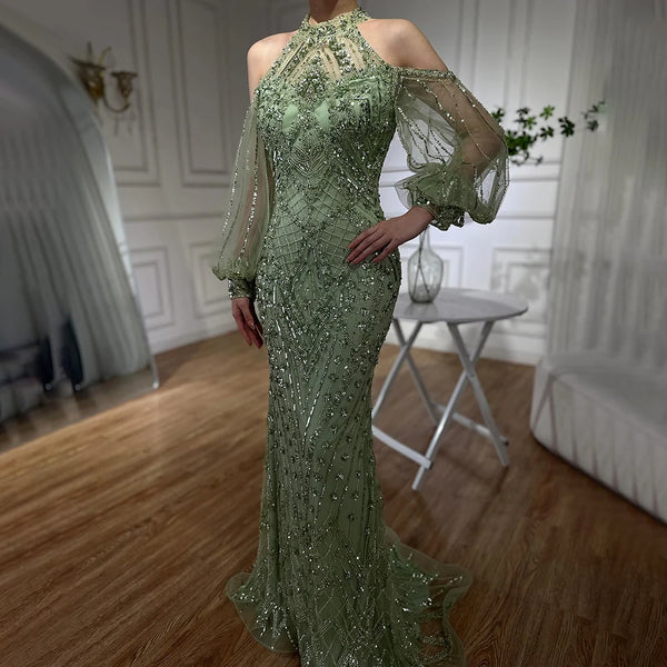 Luxury Dubai  Elegant Sage Green Halter Neck Beaded Luxury Mermaid Evening Dress for Formal Occasion Saudi LA72737