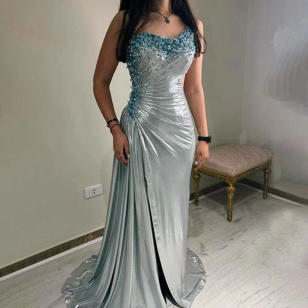 Serene Hill 2025 Elegant Silver One-Shoulder Beaded Mermaid Luxury Dubai Evening Gown with Side Split for Women's Party LA72672