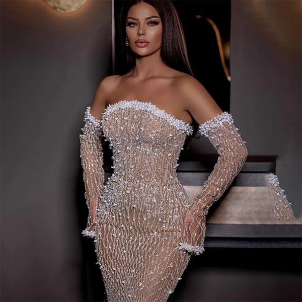 Luxury Dubai  Elegant White Nude Arabic Evening Gown Beaded Dress with Gloves for Formal Occasion LA72649