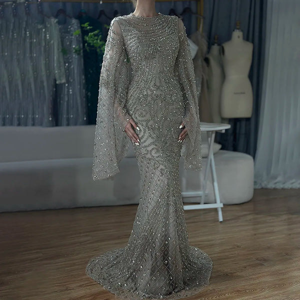 Luxury Dubai  Flared Sleeves Caramel Beaded Luxury Saudi Arabic Mermaid Evening Dresses Gowns for Formal Occasion LA72771