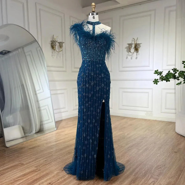 Serene Hill 2025 Gray Elegant Halter Feathers Beaded Luxury Mermaid High Split Evening Dresses Party Gowns for Women LA72452