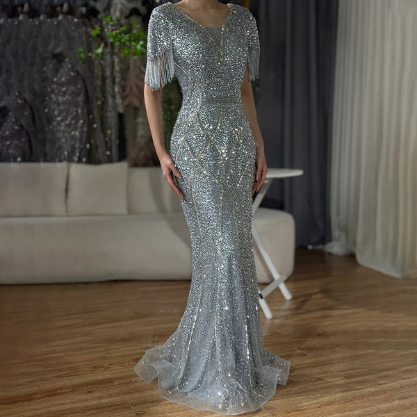 Luxury Dubai  Gray Saudi Arabic Evening Gown with Beaded Tassel Dress for Formal Occasion LA72743