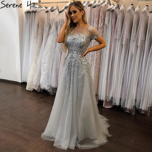 On Sale no return no refundSerene Hill 2025 Grey Luxury A Line Evening Dresses with Short Sleeves and Beaded Elegant Gowns for Women's Party LA70976