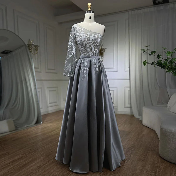 Serene Hill 2025 Grey Satin Elegant Evening Dress One Shoulder Handmade Flowers A Line Formal Gown LA70043