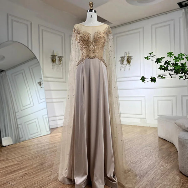 Serene Hill  Nude Cape Sleeves Satin A Line Lace Beaded Luxury Dubai Evening Dresses Gowns for Women Wedding Party LA72702