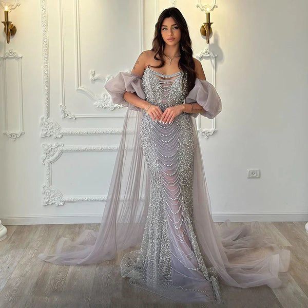 Pearls Purple Mermaid Evening Dress with Cape Sleeves LA72653