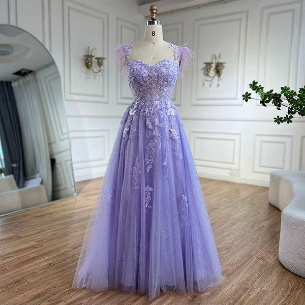 Serene Hill 2025 Lilac Spaghetti Strap Lace-Up Back A-Line Appliques Feathers Prom Dress for Women | Wedding Party LA72623