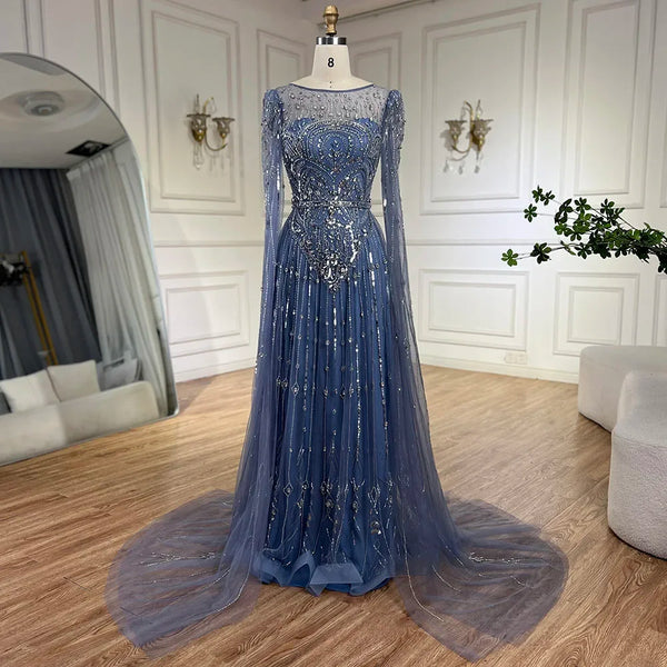 Luxury Designer Blue Beaded Stone Arabic Evening Dress With Cape Sleeve  LA72635