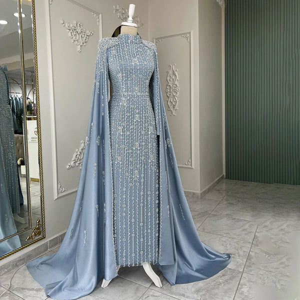 Serene Hill  Luxury Dubai Blue Muslim Mermaid Beaded Evening Gowns with Cape Sleeves for Women's Party LA72533