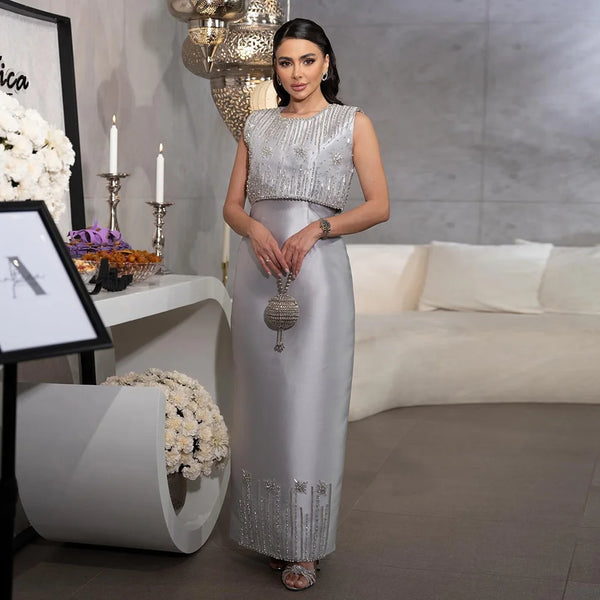 Luxury Dubai  Luxury Saudi Beaded Gray Midi Formal Evening Dress for Arabic Occasion LA72761
