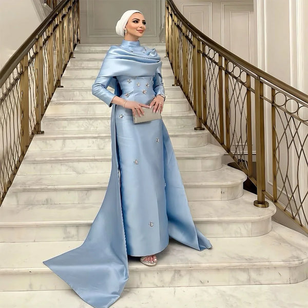 Luxury Blue Satin Beaded Mermaid Evening Dress with Overskirt LA72414M