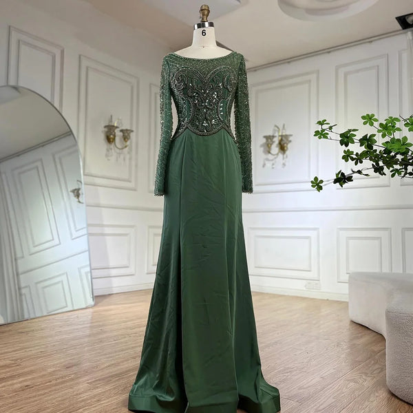 Serene Hill  Muslim Elegant Green Satin Mermaid Beaded Luxury Dubai Evening Gown for Women's Party LA72700