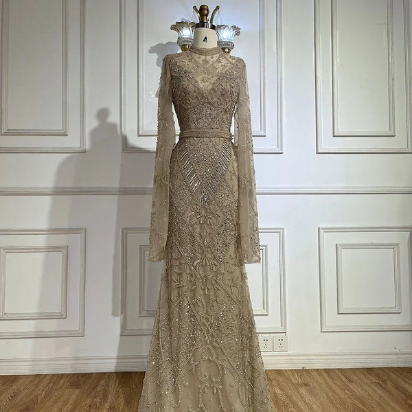 Luxury Dubai  Muslim Nude Mermaid Elegant Bell Sleeve Beaded Luxury Dubai Long Evening Dress for Formal Occasion LA72316A