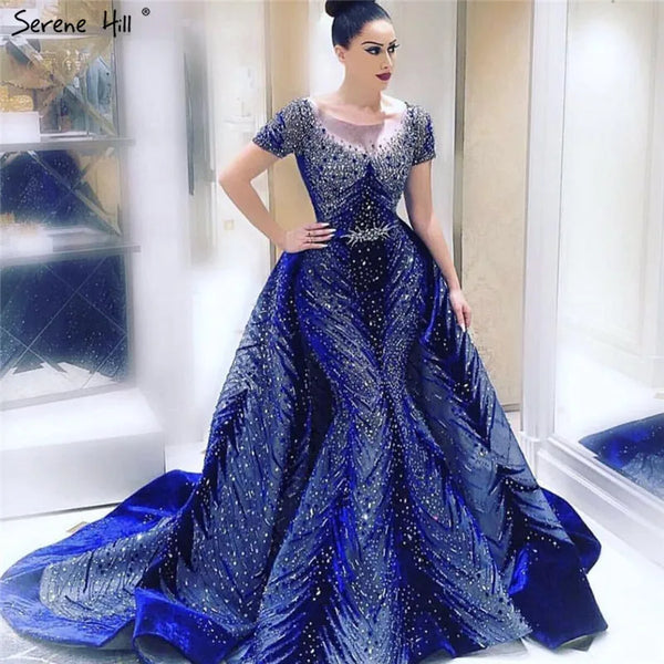 Serene Hill 2025 Muslim Velvet Fabric Mermaid Luxury Blue Evening Dresses Dress With Skirt Formal Dress Plus Size LA60914