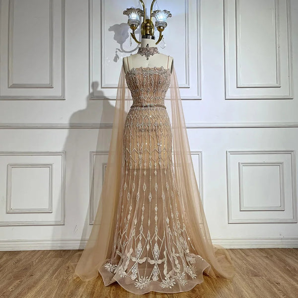 Luxury Dubai  Nude Beaded Spaghetti Strap Design Mermaid Evening Dresses Gowns with Long Cape for Formal Occasion LA72711