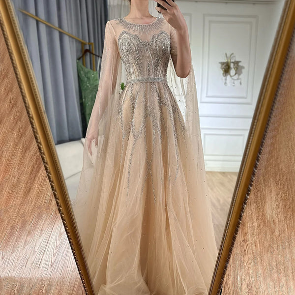 Luxury Dubai  Nude Blue Elegant A-Line Beaded Long Arabic Evening Dresses Gowns with Cape Sleeves for Formal Occasion LA72785