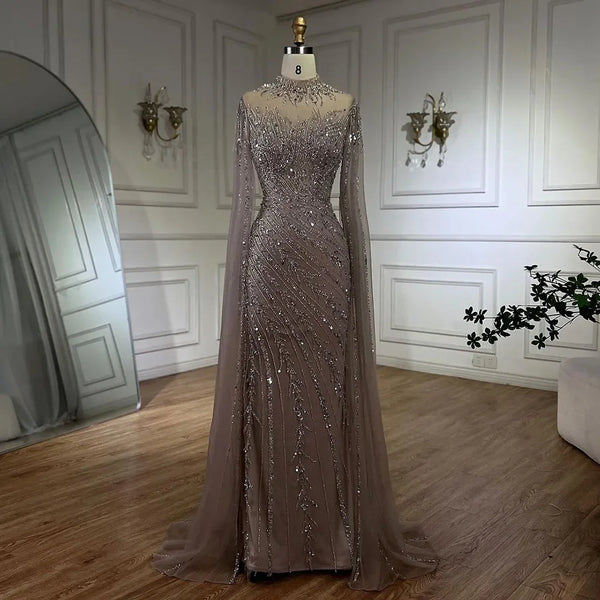 Luxury Black Nude Mermaid Evening Dresses with Cape Sleeves LA71885A