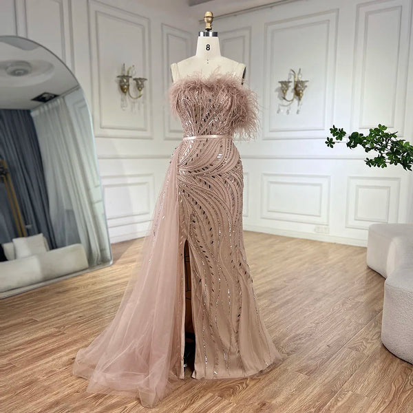 Serene Hill 2025 Nude Mermaid Gown Overskirt Feather Beading High Split Evening Dress for Women Parties LA72311