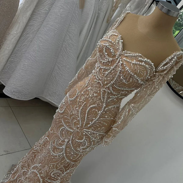 Luxury Dubai  Nude Mermaid Luxury Pearls Beaded Arabic Evening Gowns for Formal Occasion Dress LA72648