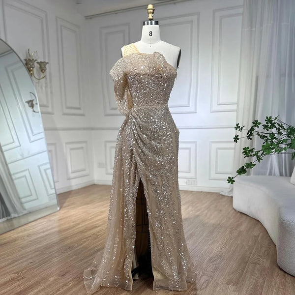 Serene Hill 2025 Nude One Shoulder Split Beaded Dubai Luxury Mermaid Evening Dresses Gowns for Women Wedding Party LA72385