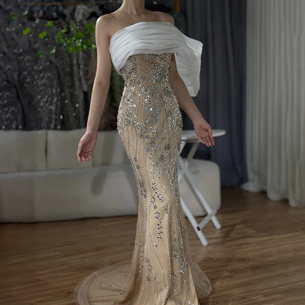 Luxury Dubai  Nude One Shoulder Split Saudi Arabic Evening Gown Beaded Dress for Formal Occasion LA72746
