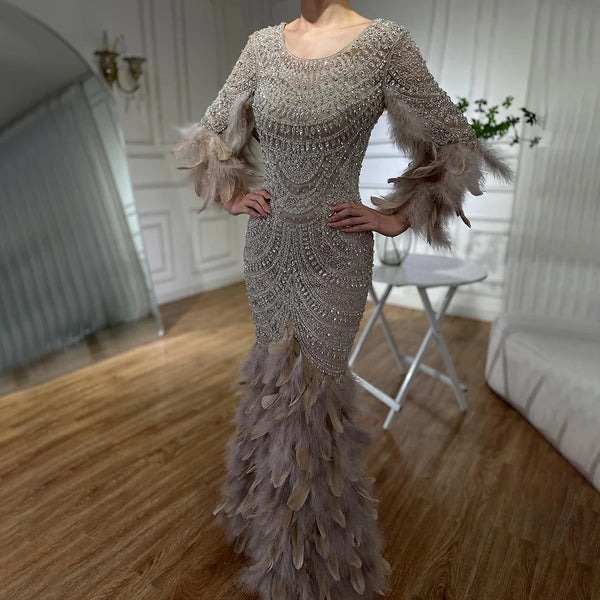 Luxury Dubai  Nude Saudi Arabic Evening Gown with Beaded Feathers Dress for Formal Occasion LA72736
