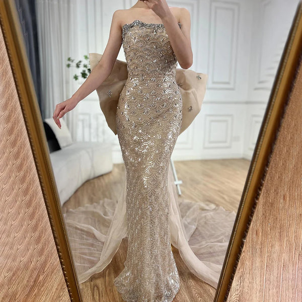 Luxury Dubai  Nude Saudi Arabic Evening Gown with Beaded Tassel Dress for Formal Occasion LA72730