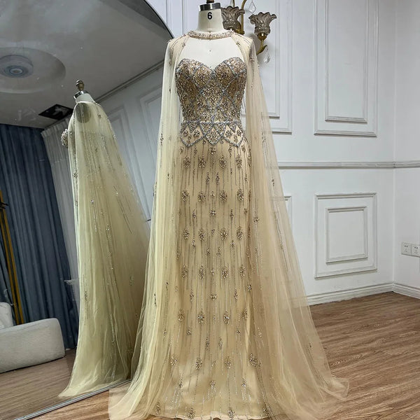 Luxury Dubai  Nude Saudi Evening Gown Mermaid Detachable Cape Sleeves Luxury Beaded Dress for Formal Occasion LA72716