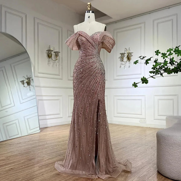 Serene Hill  Off The Shoulder Pink Mermaid Beaded Luxury Evening Dress with Side Split for Formal Occasion Saudi LA72481