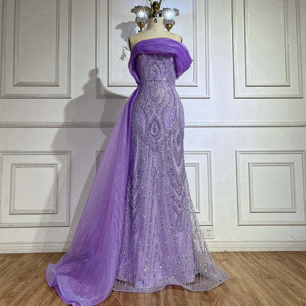 Serene Hill  One-Shoulder Purple Mermaid Beaded Evening Dress with Side Skirt Overlay for Formal Occasion Saudi LA72706